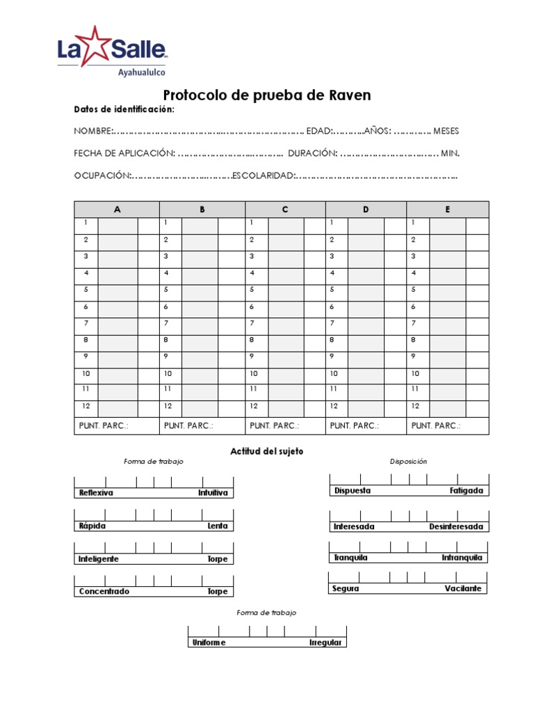 Hoja de Respuestas Test de Matrices Progresivas de Raven PDF Métodos de evaluación Cognición