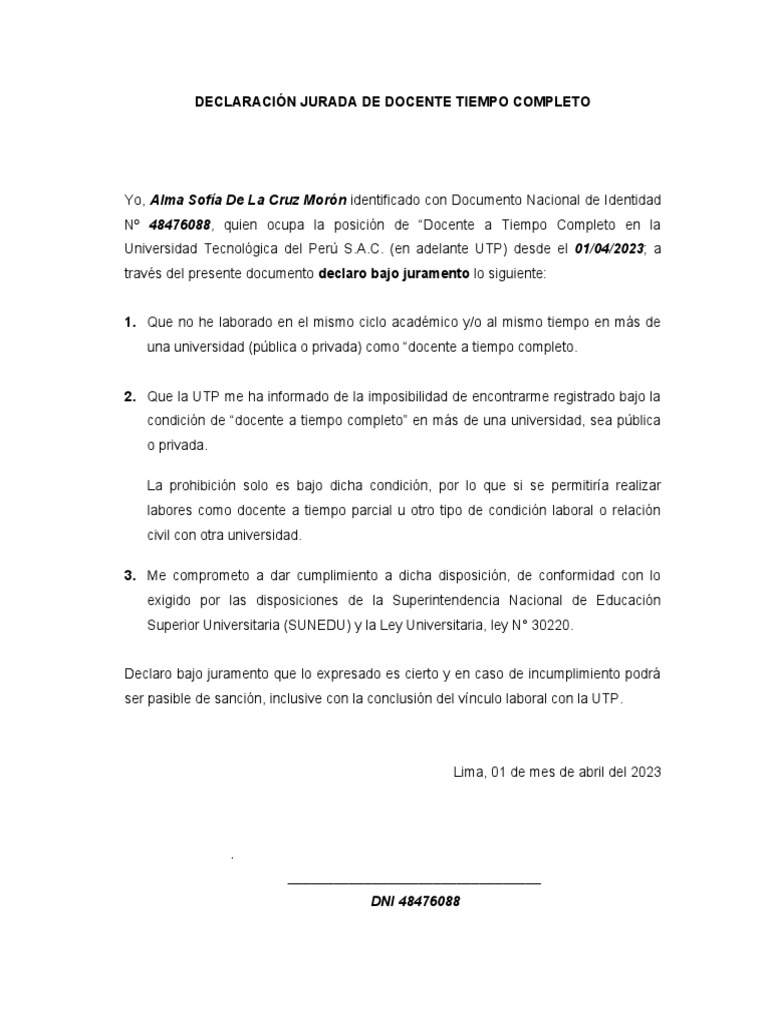 Declaración Jurada Docente Tiempo Completo | PDF