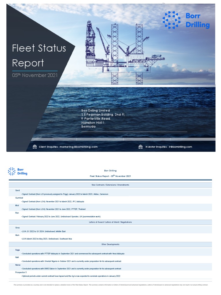Borr Drilling Fleet Status Report 2021 | PDF