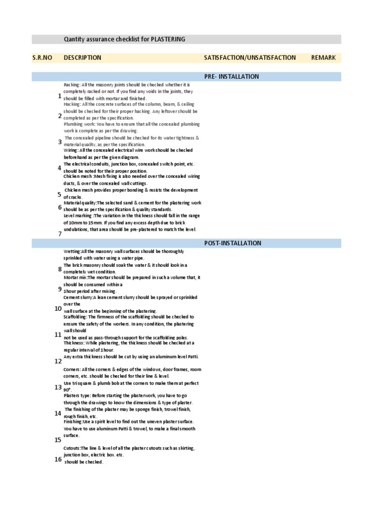 Quality Assurance Checklist for Plastering Work: Pre-Installation and ...