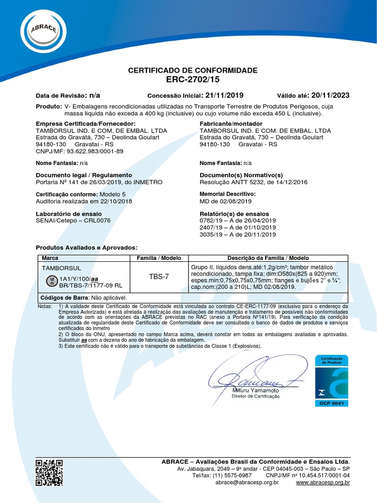 Abrace - Erc091177-2702-Tbs-7 - Certificado de Conformidade 200 L | PDF