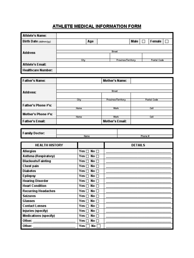 Athlete Medical Profile Form | PDF | Epidemiology | Clinical Medicine