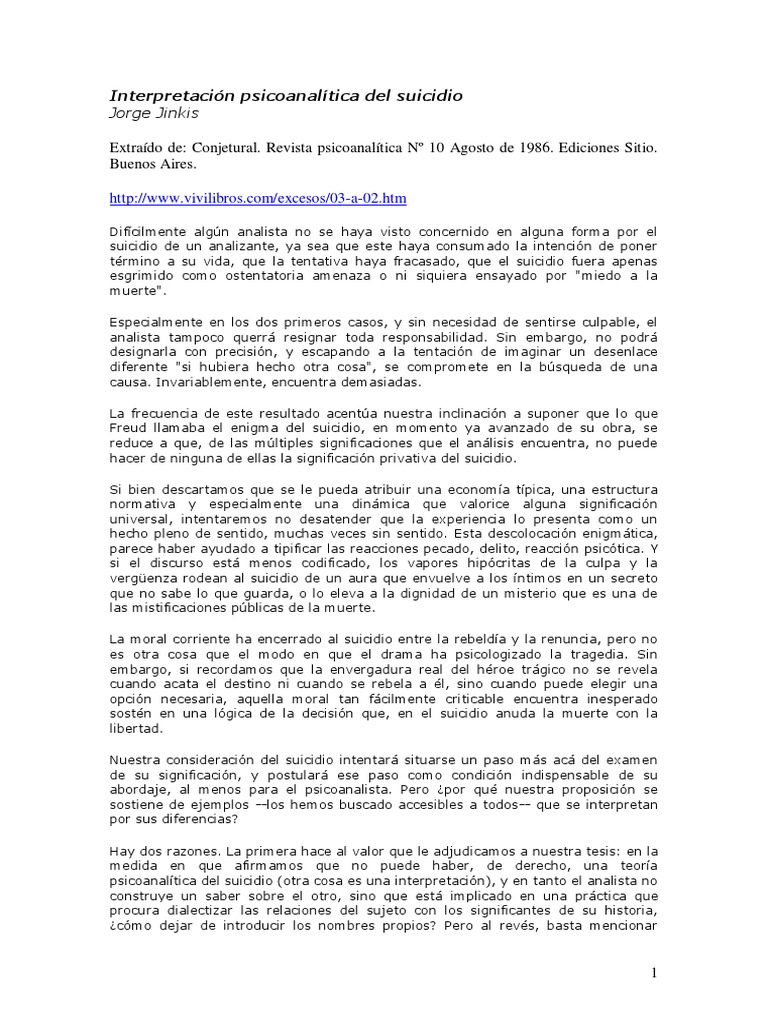 Interpretación Psicoanalítica Del Suicidio Jorge Jinkis 1 | PDF ...