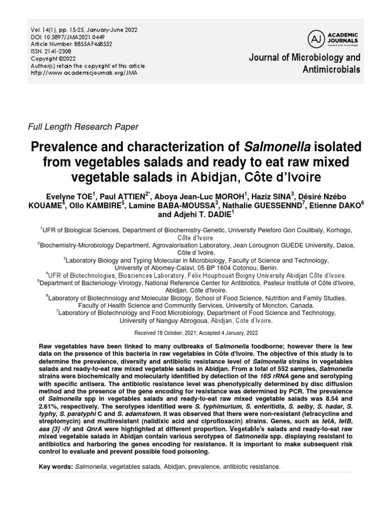 Prevalence and Characterization of Salmonella Isolated From Vegetables ...