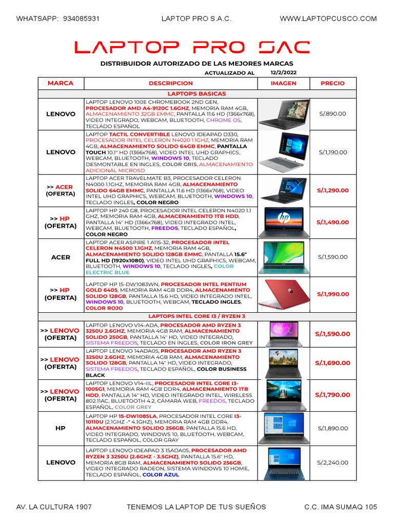 Catálogo de Laptops y Precios 2022 | PDF | Microprocesador | Micro ...