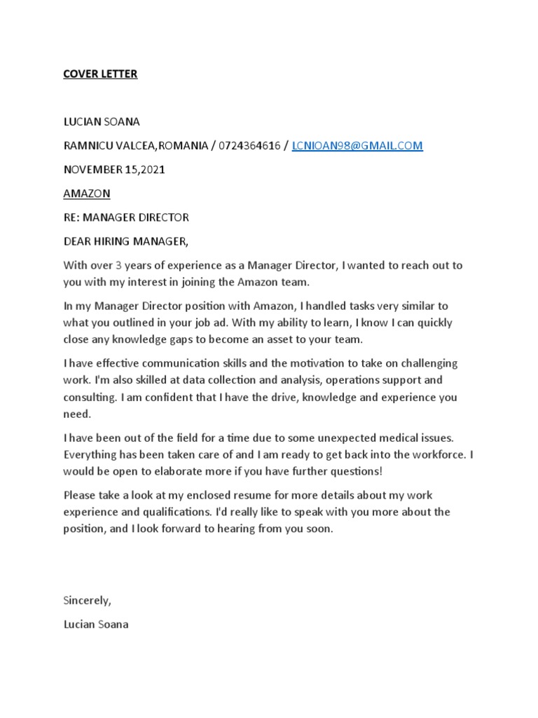 Lucian Soana's Cover Letter for Amazon | PDF