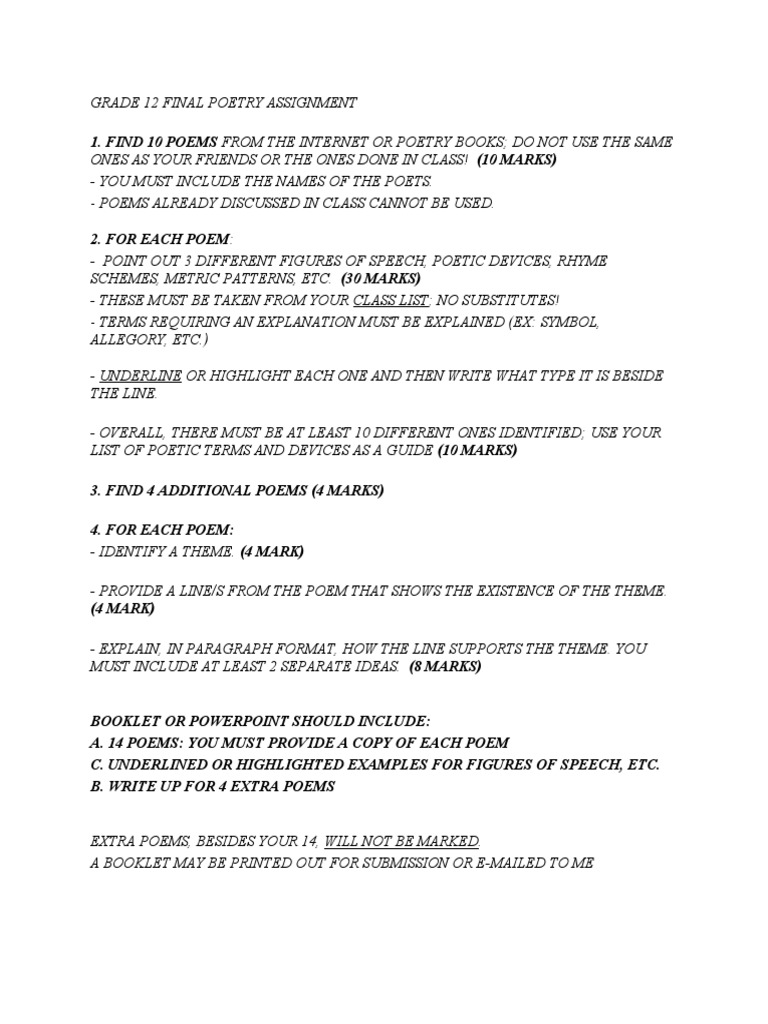 Grade 12 Poetry Assignment Guide | PDF