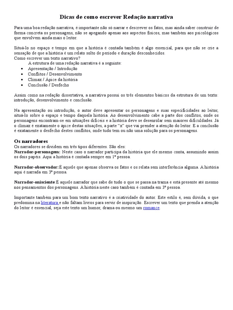 Dicas Como Escrever Redação Narrativa | PDF