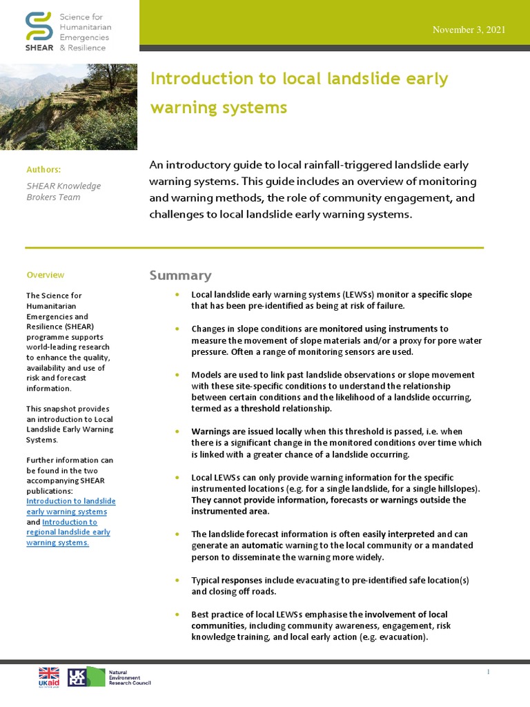 Introduction To Local Landslide Early Warning Systems PDF Landslide