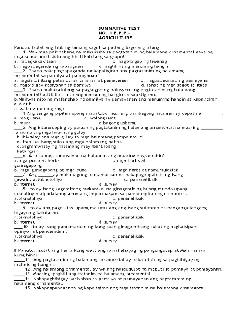 Epp Agriculture Summative Test 1 5 and Periodic Test With Tos PDF