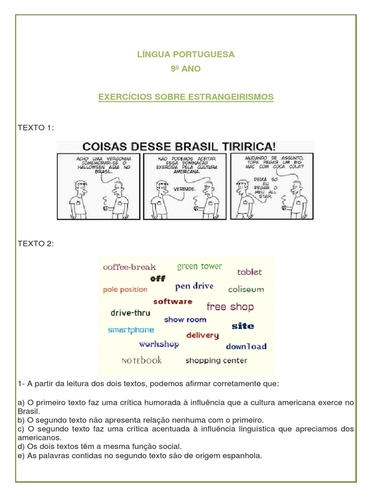 Exercícios sobre Estrangeirismos 9º Ano | PDF