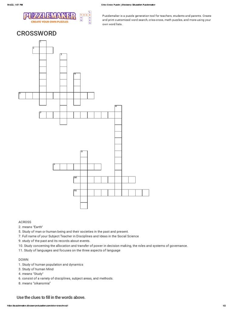 Criss cross puzzle discovery education puzzlemaker 2 pdf