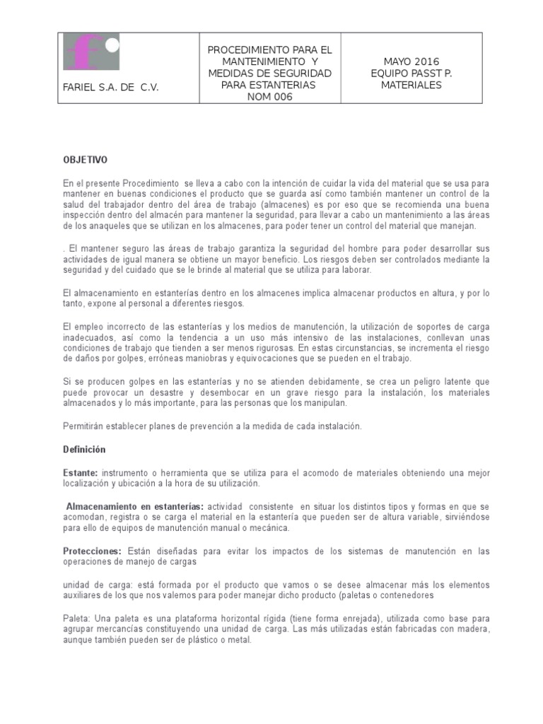 Procedimiento Par Revisión de Racks | PDF | Máquina elevadora