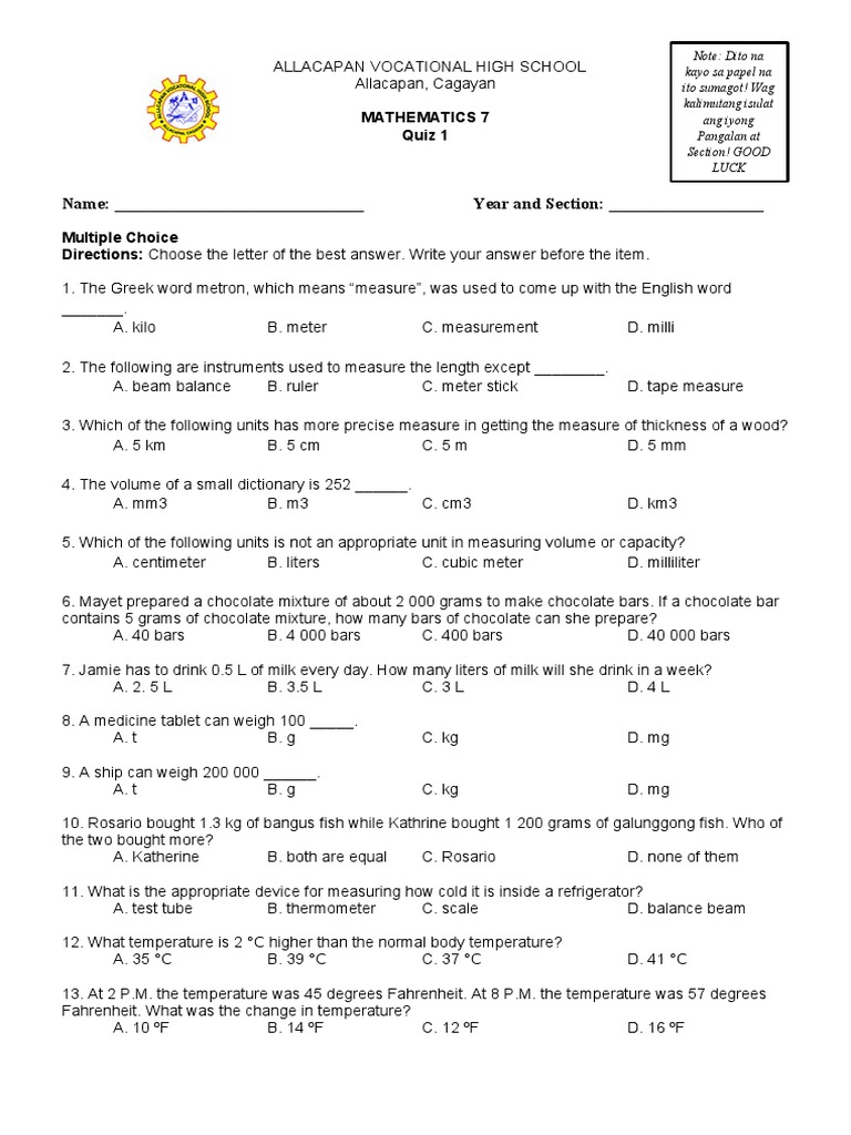Measurement Quiz PDF Temperature Celsius