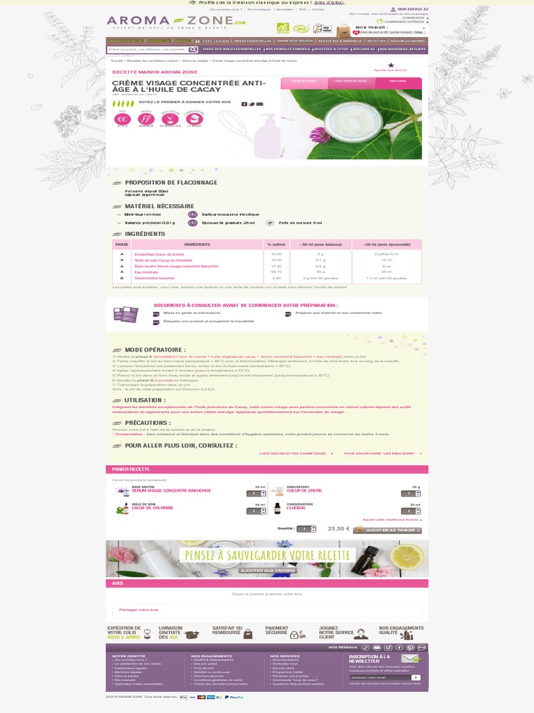 Recette Crème Visage AntiÂge Riche en Rétinol AromaZone PDF