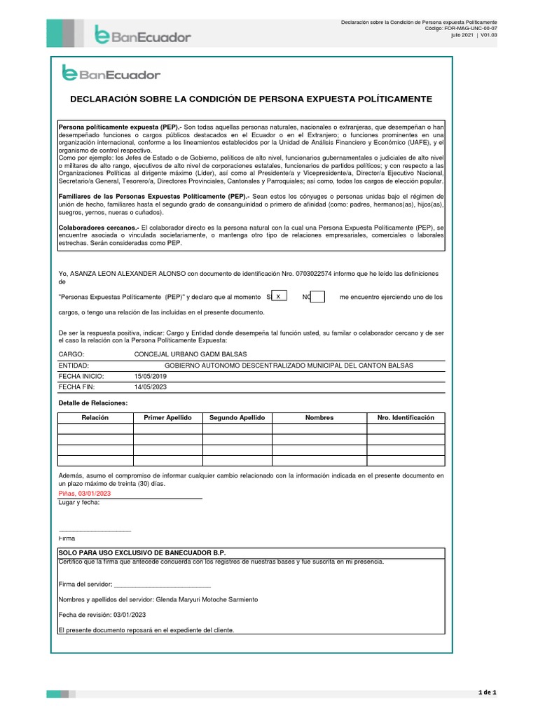 For-Mag-Unc-00-07 Declaración - Pep Asanza Leon Alexander Alonso | PDF ...
