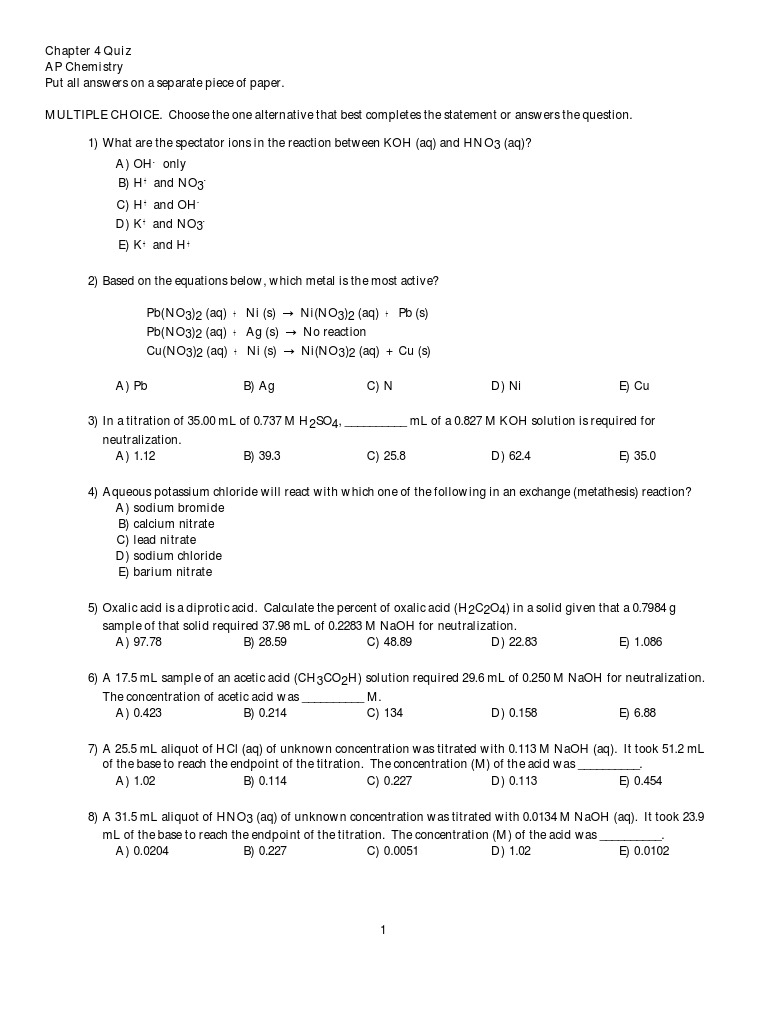 Chapter 4 Quiz AP Chemistry Multiple Choice Questions on AcidBase Titrations, Spectator Ions