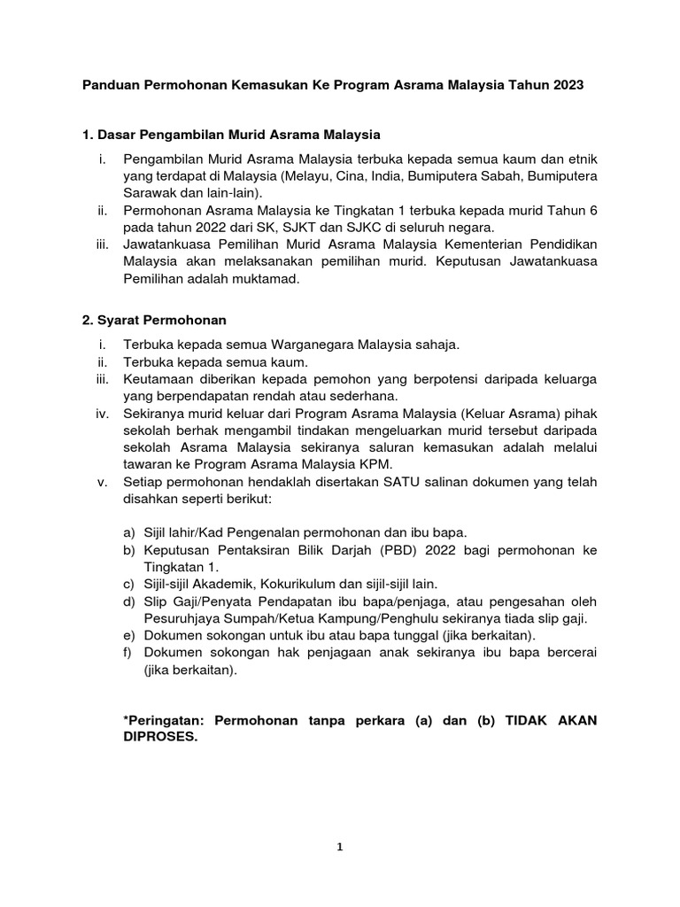 Panduan Permohonan Kemasukan Ke Program Asrama Malaysia Tahun 2023 | PDF