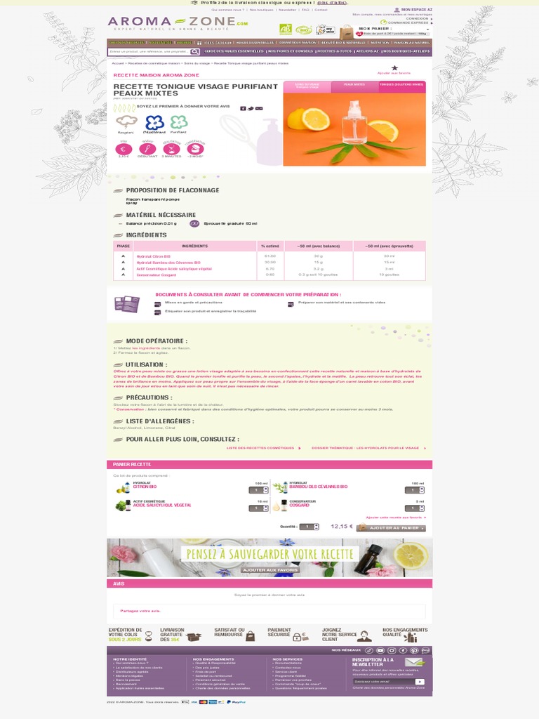 Recette Tonique Visage Purifiant - Aroma-Zone | PDF | Cosmétique
