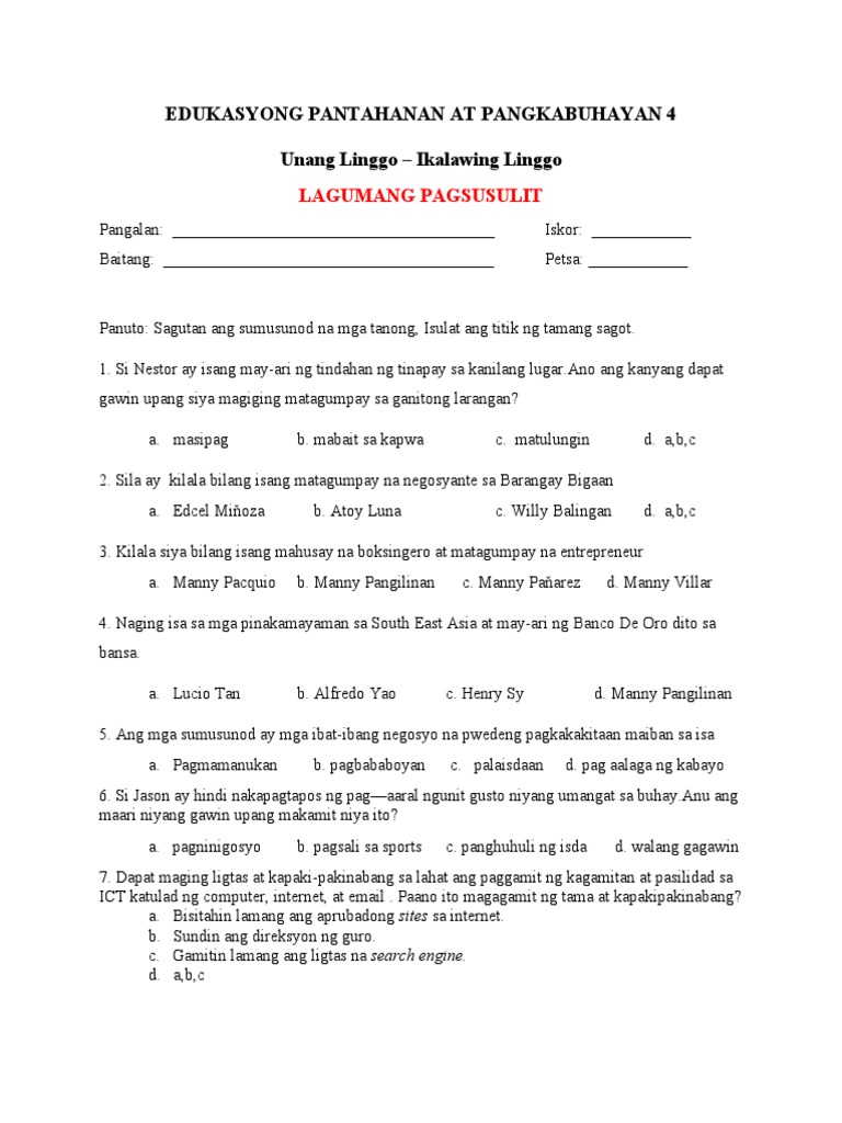First Summative Test in EPP 4 PDF