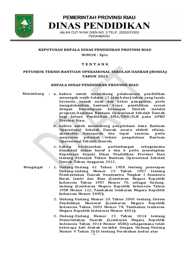 Petunjuk Teknis BOSDA Riau 2023 | PDF