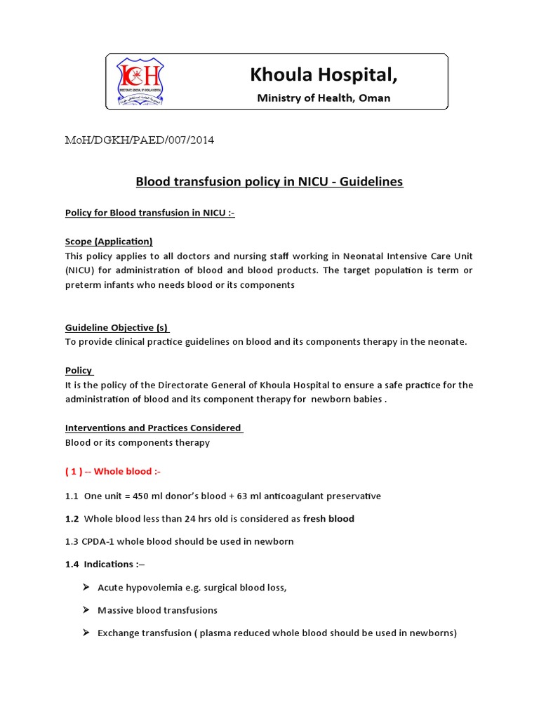 Blood Transfusion Policy in NICU Guidelines for the Safe