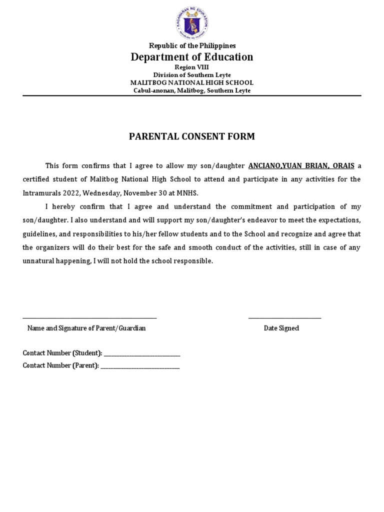 Parental Consent Form for Intramurals | PDF | Wellness