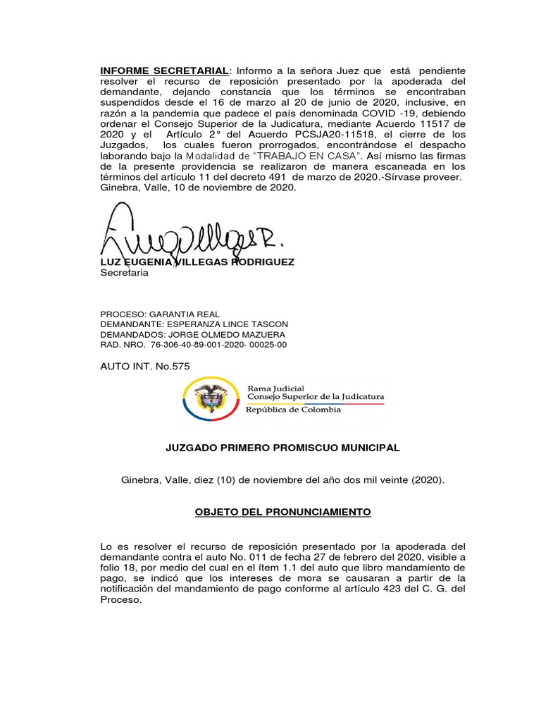 Auto Repone Auto Requerimiento En Mora PDF Pagos Demanda Judicial