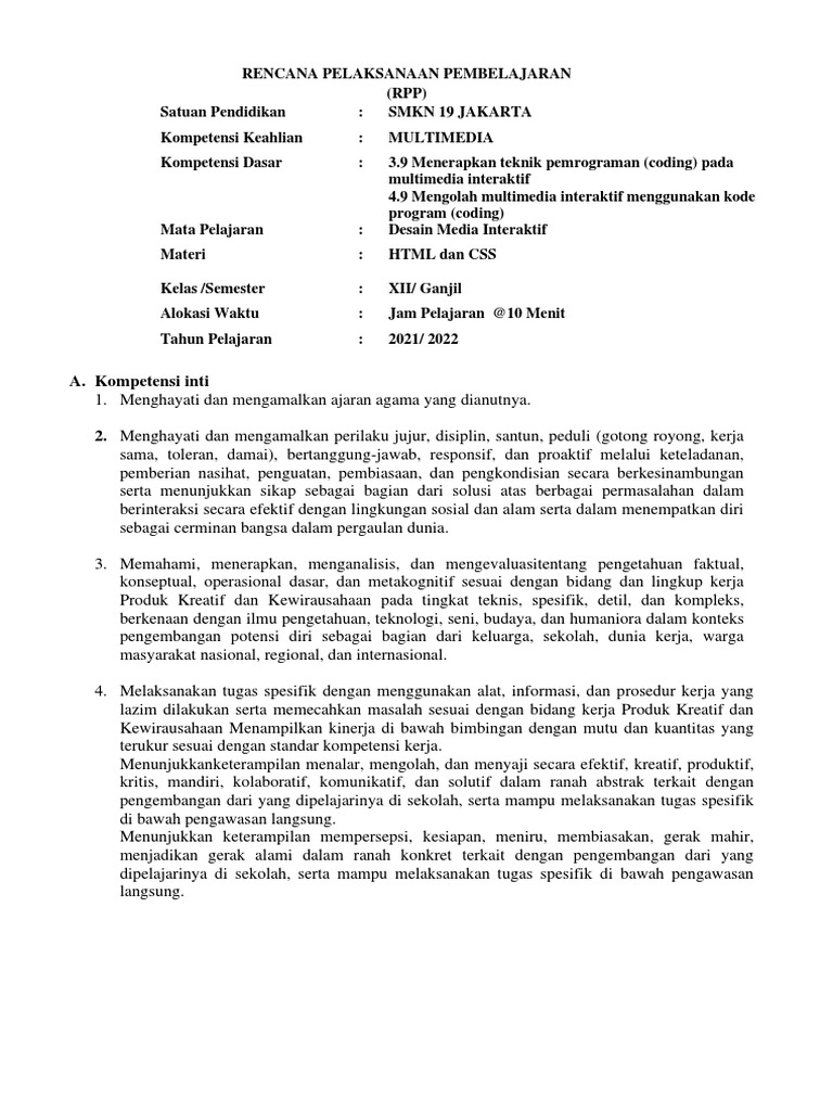 RPP Desain Media Interaktif Layout Dasar HTML | PDF