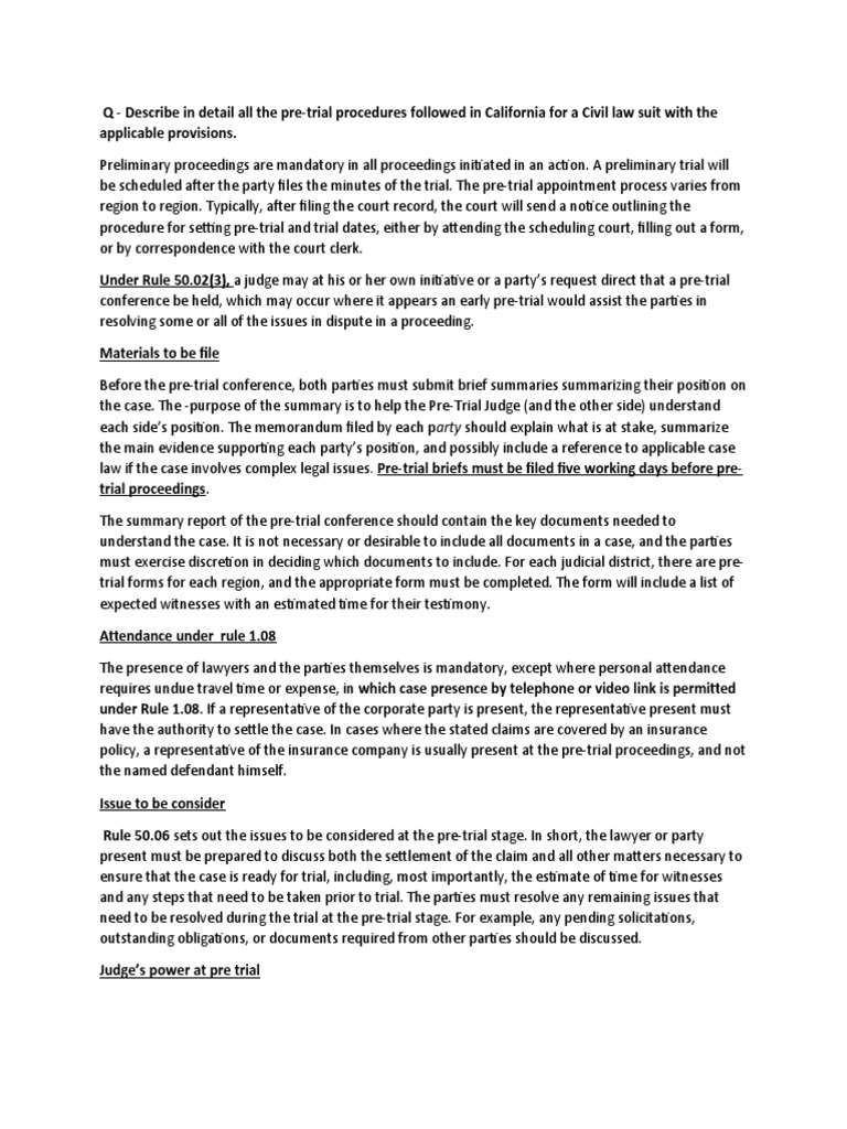 Pre Trial Procedures PDF Trials Lawsuit