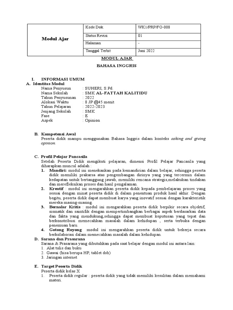 Modul Ajar Bahasa Inggris Kelas X Pdf