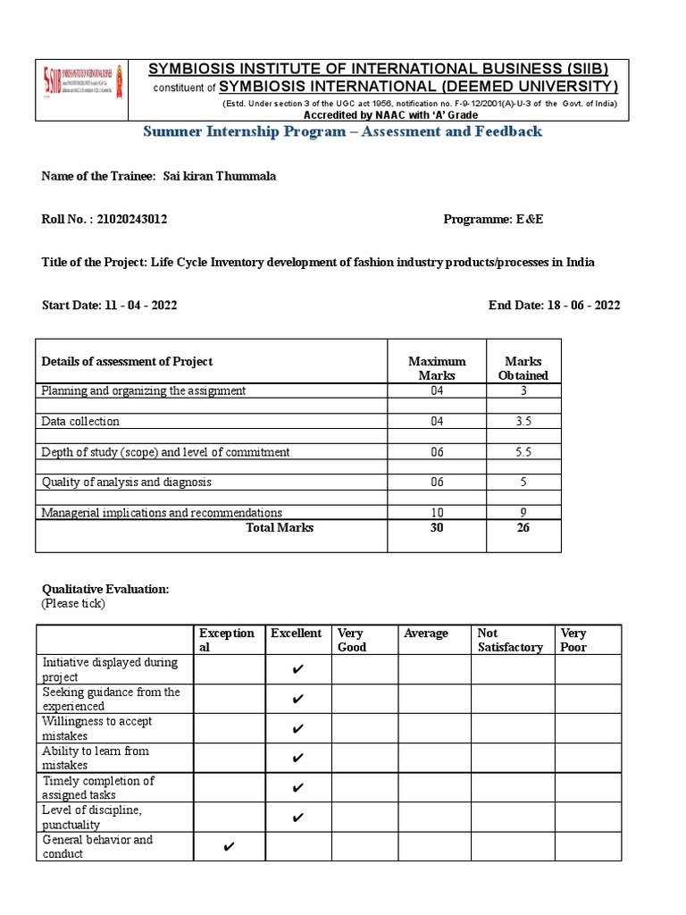 SIP-Company Evaluation Form (Sai Kiran) | PDF | Cognition | Cognitive ...