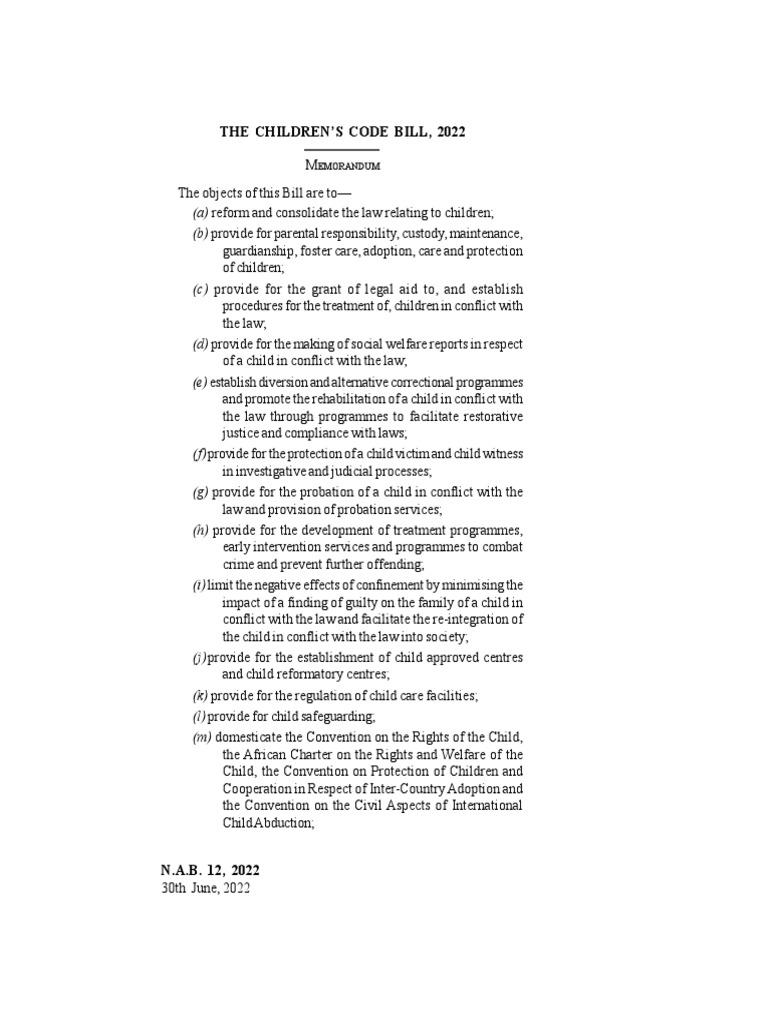 Children's Code Bill 2022 Overview | PDF | Legal Guardian | Probation