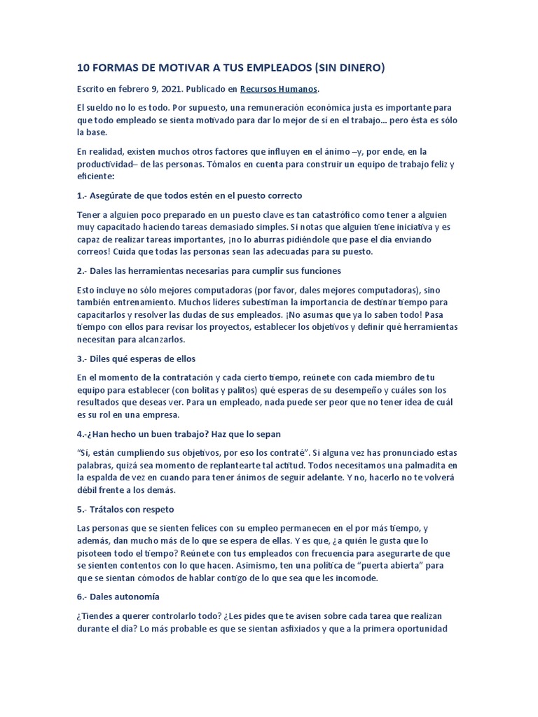 10 Formas De Motivar A Tus Empleados Pdf Gestión De Recursos Humanos