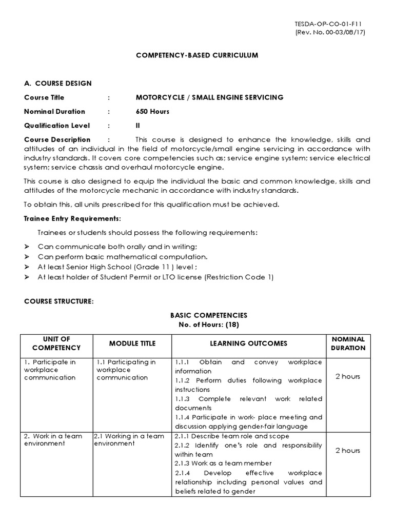 TESDA-OP-CO-01-F11 Competency-Based Curriculum for Motorcycle Servicing ...