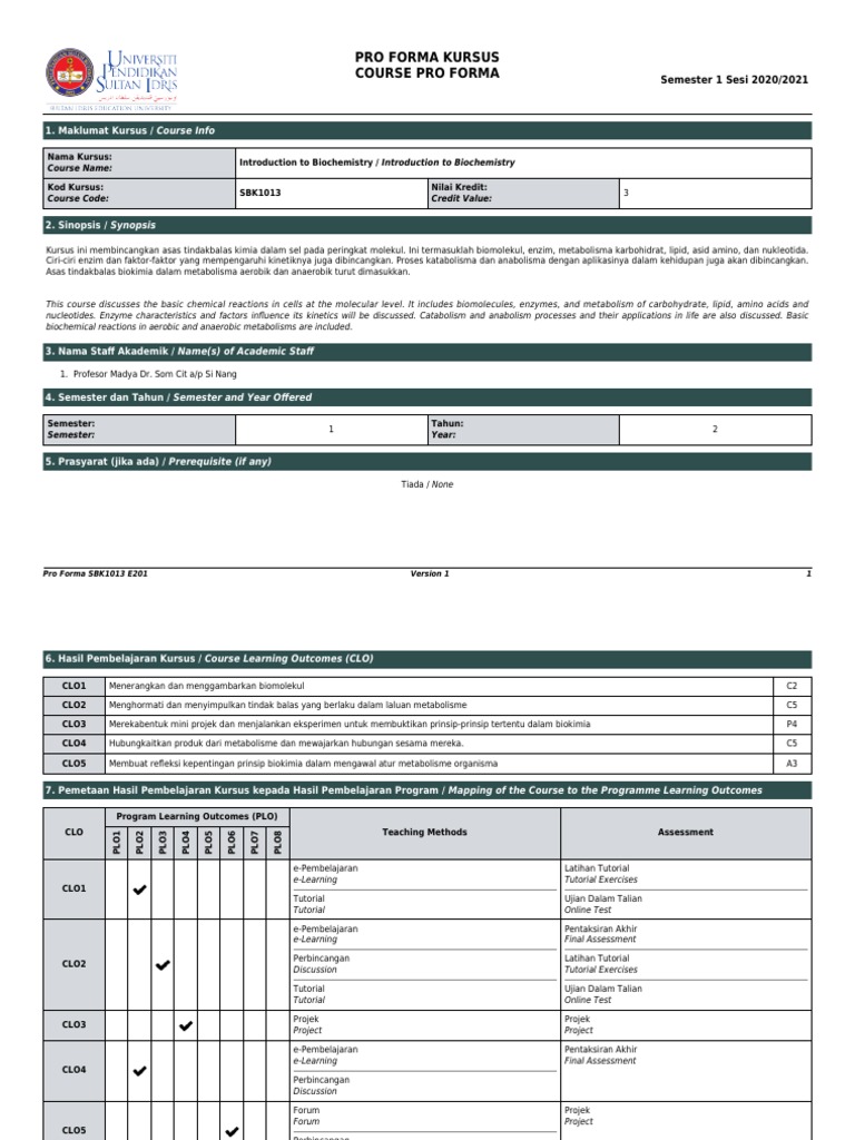 Pengenalan kepada Biokimia SBK1013 | PDF