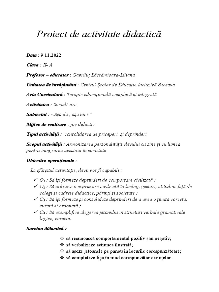 Proiect Didactic Așa Da-Așa Nu | PDF
