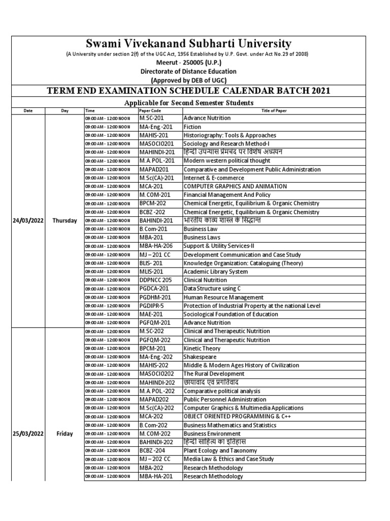 Main Examination Date Sheet of Calendar Batch Second Semester (C2021) PDF