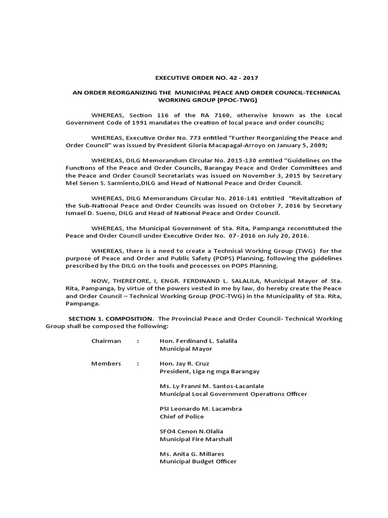 E.O NO. 42 - 2017 - Tech Working Gr. Peace and Order Council | PDF ...