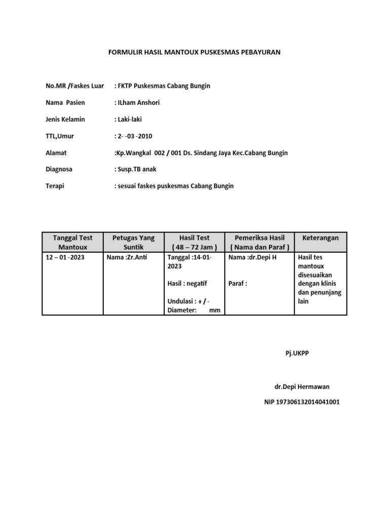 Hasil Tes Mantoux Negatif Ilham Anshori | PDF