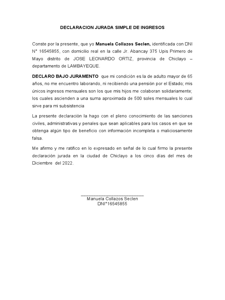 DECLARACION JURADA SIMPLE DE INGRESOS Vecina MANUELA | PDF