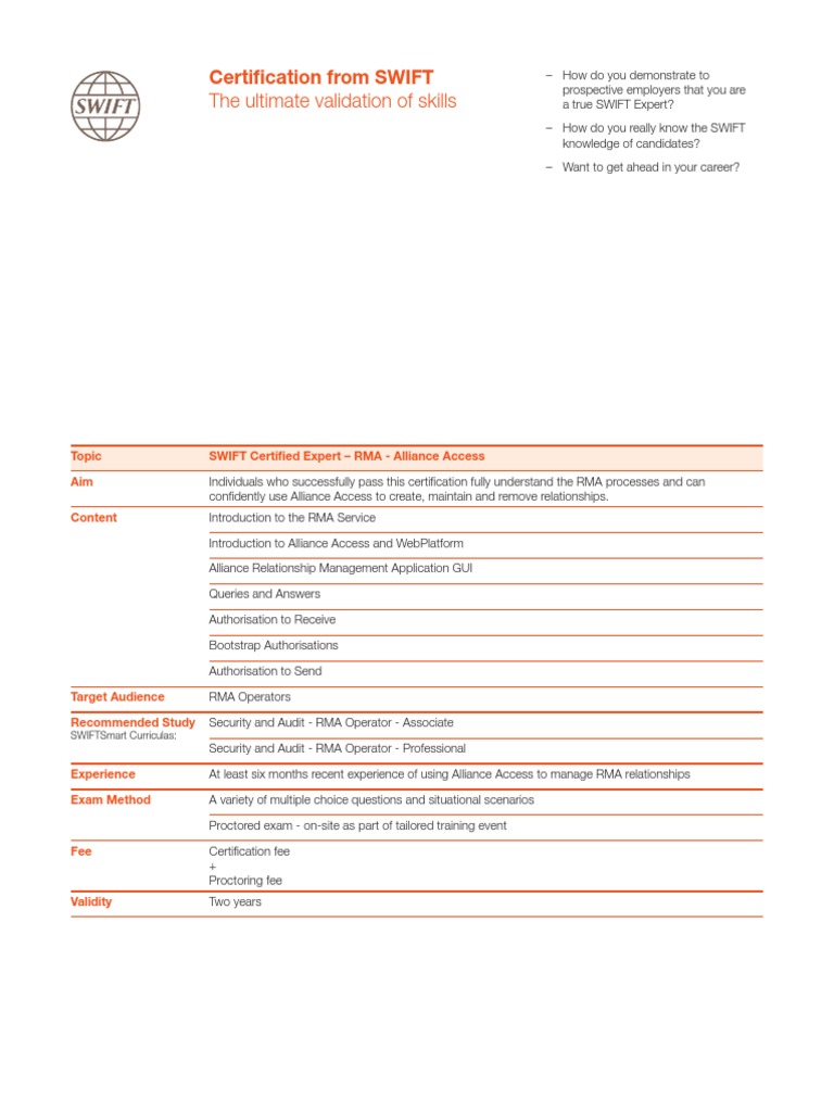 Swift Certifications Rma Certification Summary PDF Test (Assessment