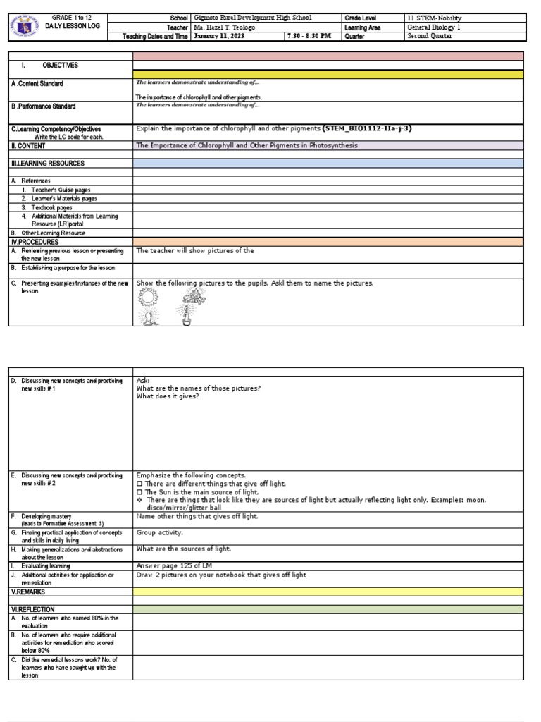 Grade 1 To 12 Daily Lesson Log | PDF | Learning | Teachers