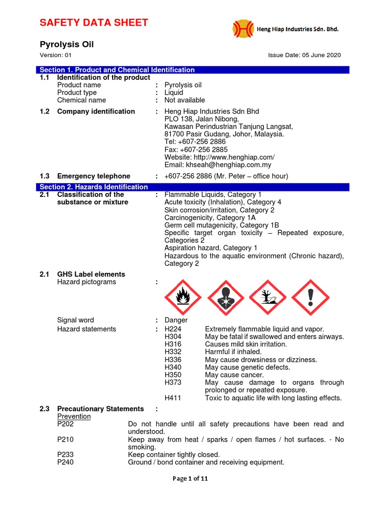 SDS HHI Pyrolysis Oil Flash Point 10C PDF Fires Combustion