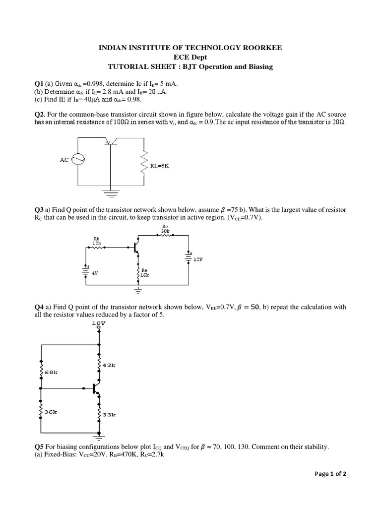 Tutorial Sheet 4 BJT OPN and Biasing PDF Bipolar Junction Transistor Transistor