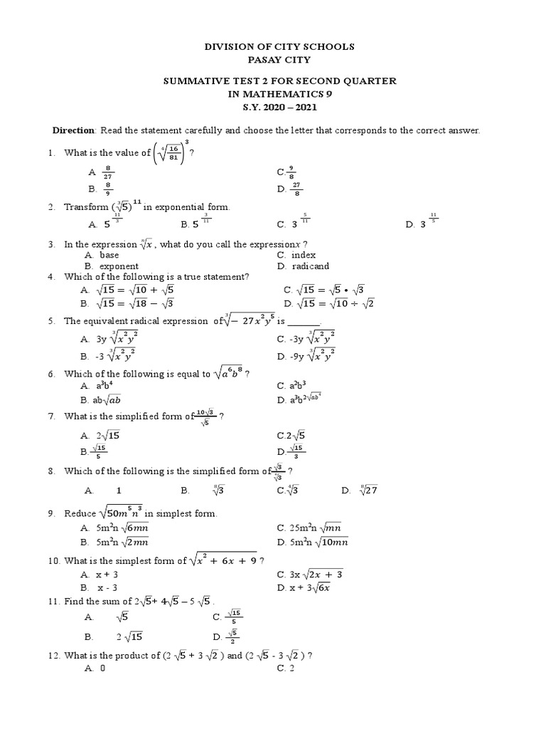Math 9 Summative Test 2 Guide | PDF | Length | Equations