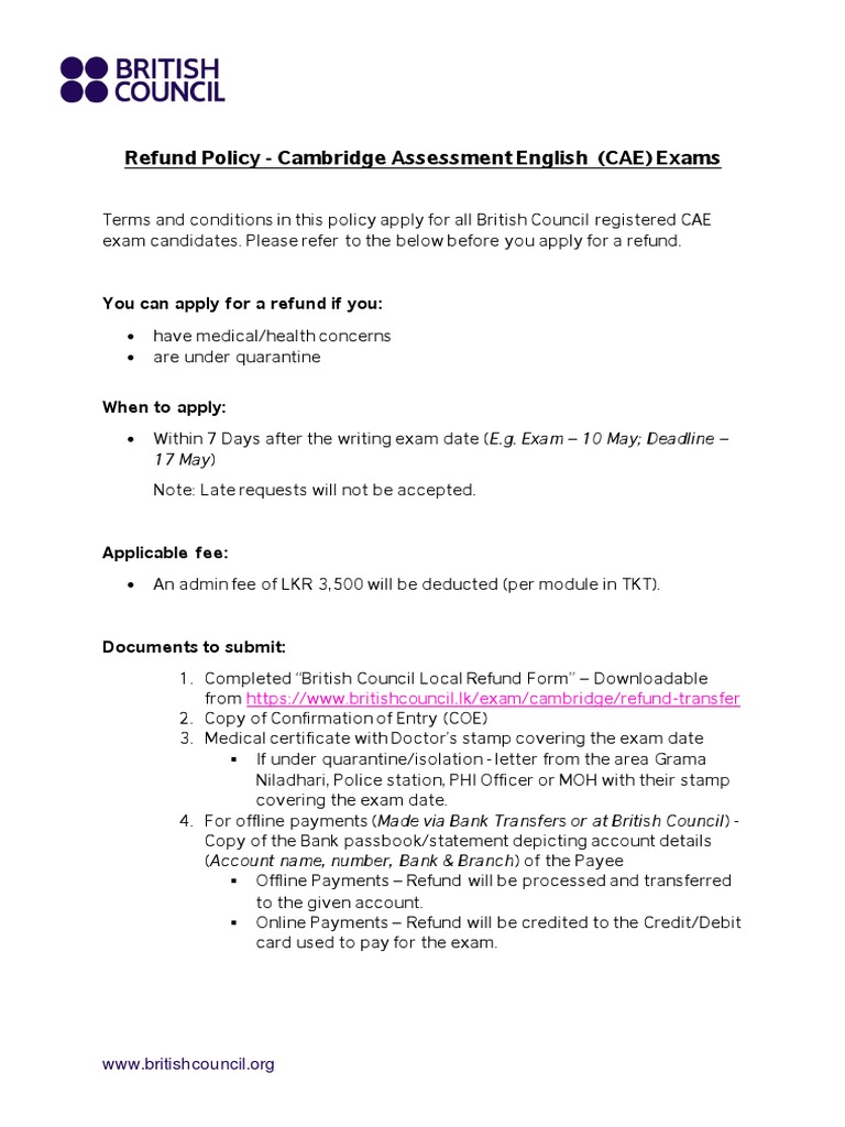 CAE Exam Refund Policy Overview | PDF | Test (Assessment) | Payments