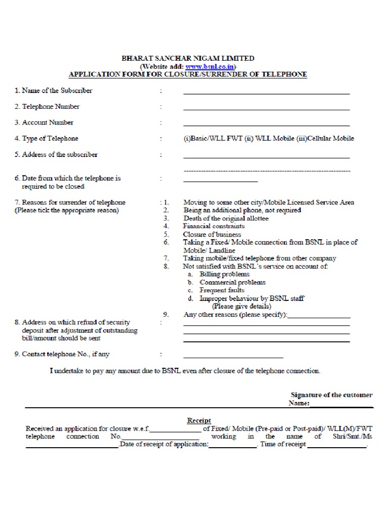 2 BSNL Application Form For Surrender of Connection PDF