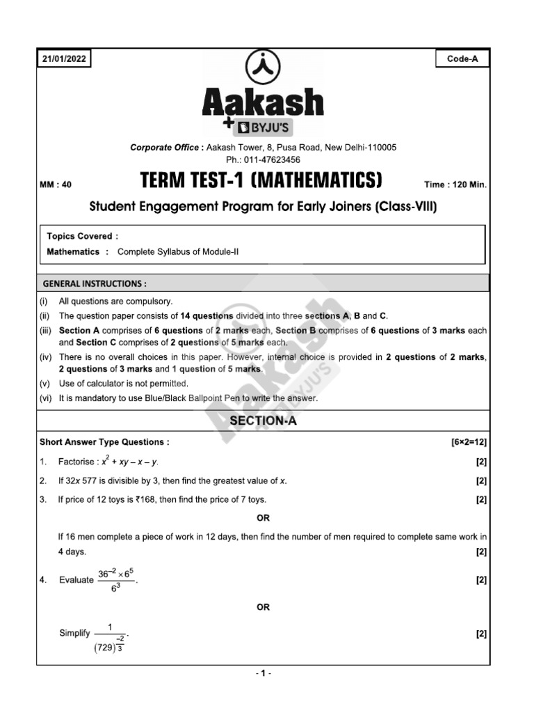 AAKASH SEP Term Test01A (C08) Maths (21012022) PDF
