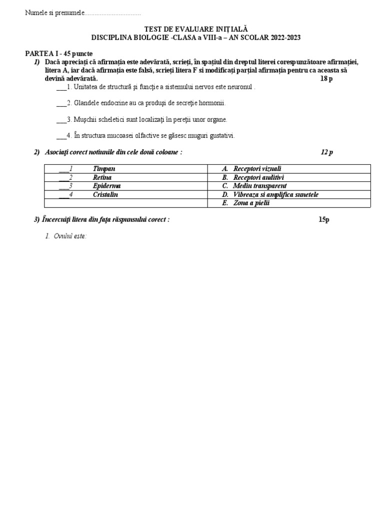 Test Initial Clasa 8 | PDF